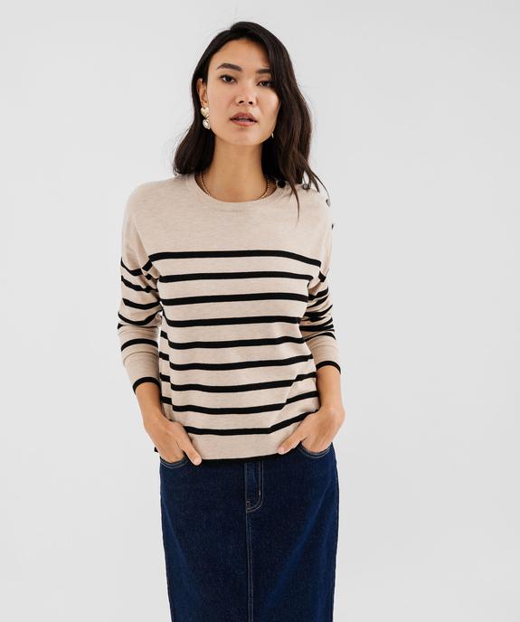 Pull fin à larges rayures avec boutons sur l’épaule femme vue1 - GEMO 4G FEMME - GEMO