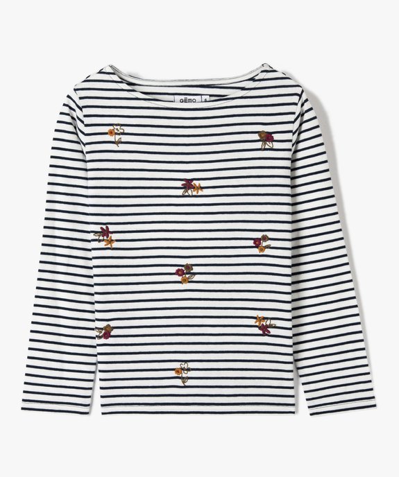 Tee-shirt fille rayé à manches longues avec broderies fleuries vue1 - GEMO (ENFANT) - GEMO