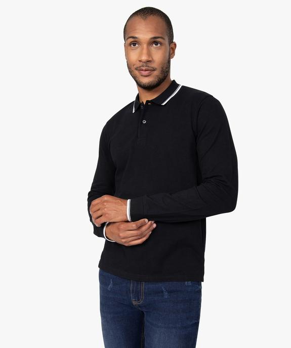 Polo homme à manches longues en maille piquée et finition rayée vue1 - GEMO (HOMME) - GEMO