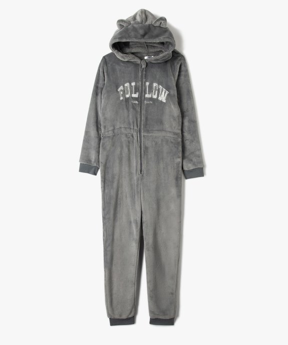 Combinaison pyjama fille à capuche en maille peluche vue1 - GEMO (JUNIOR) - GEMO