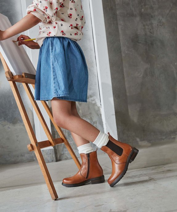 Boots fille style Chelsea unies dessus cuir - Tanéo vue1 - TANEO - GEMO