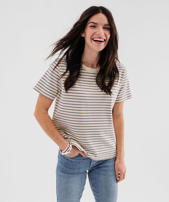 Tee-shirt manches courtes et col rond rayé en coton résistant femme vue1 - GEMO(FEMME PAP) - GEMO