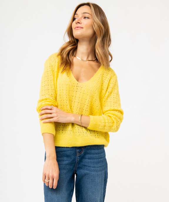 Pull léger à col V en maille ajourée femme vue2 - GEMO(FEMME PAP) - GEMO
