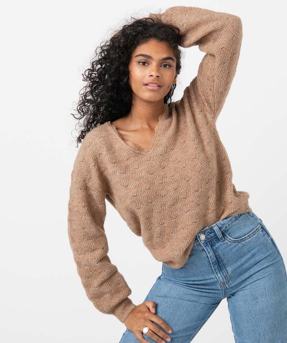Pull femme à col V en maille ajourée vue1 - GEMO 4G FEMME - GEMO