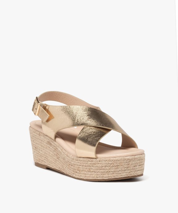 Sandales femme à talon compensé en corde et à larges brides métallisées vue4 - GEMO 4G FEMME - GEMO