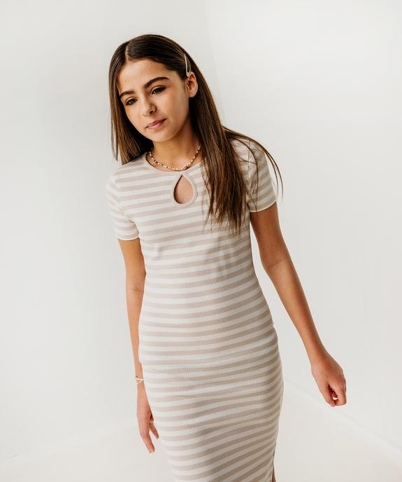 Robe tee-shirt longue en maille côtelée rayée fille vue1 - GEMO 4G FILLE - GEMO