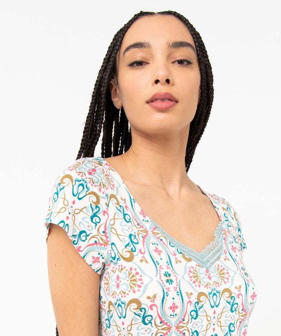 Chemise de nuit en maille extensible avec col V en dentelle femme vue2 - GEMO 4G FEMME - GEMO