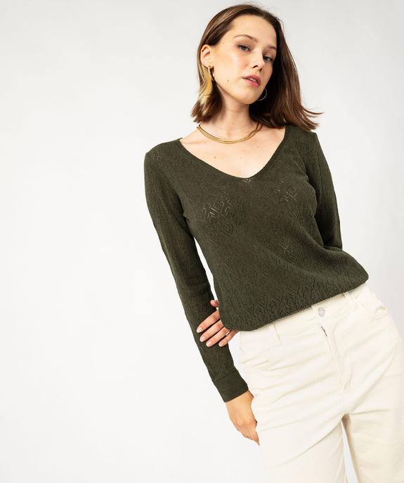 Pull col V en maille ajourée femme vue2 - GEMO 4G FEMME - GEMO