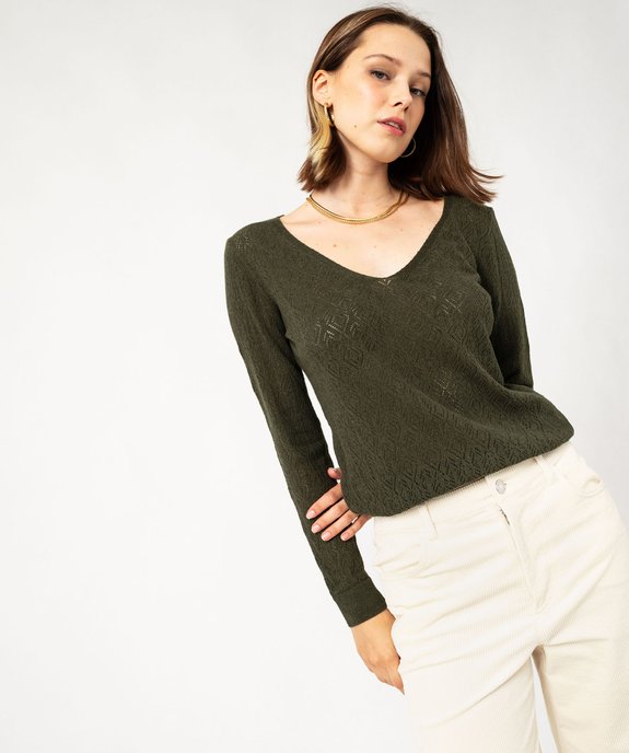 Pull col V en maille ajourée femme vue1 - GEMO 4G FEMME - GEMO