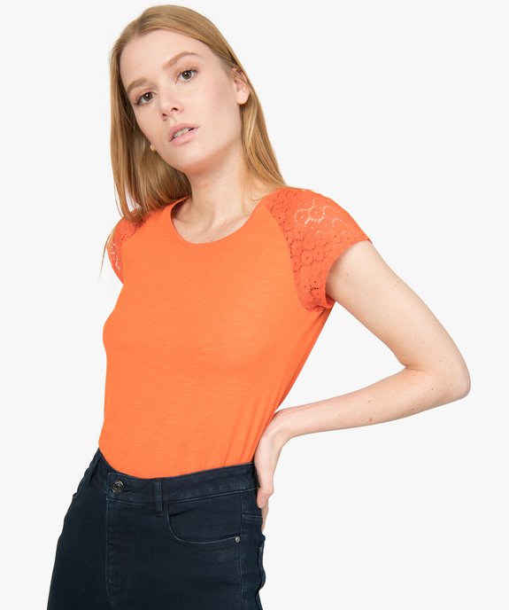 Tee-shirt femme à manches dentelle contenant du coton bio vue2 - GEMO 4G FEMME - GEMO