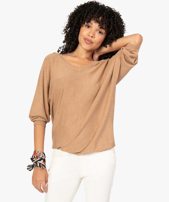 Pull femme en maille fine avec décolleté V en dentelle vue1 - GEMO(FEMME PAP) - GEMO