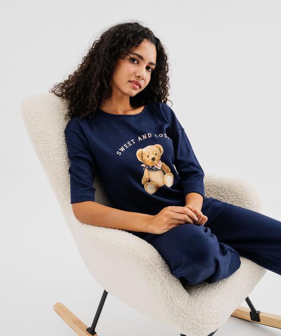 Pyjama en maille douillette avec ourson sur l’avant femme - LuluCastagnette vue1 - LULUCASTAGNETTE - GEMO