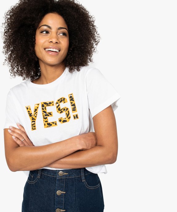 Tee-shirt femme coupe courte avec inscription léopard vue1 - FOLLOW ME - GEMO