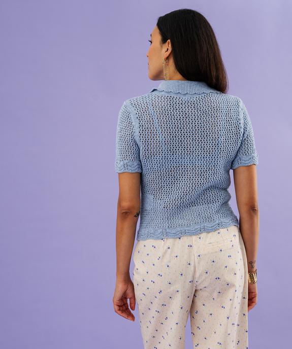 Pull manches courtes en maille ajourée à col Claudine boutonné femme vue3 - GEMO 4G FEMME - GEMO