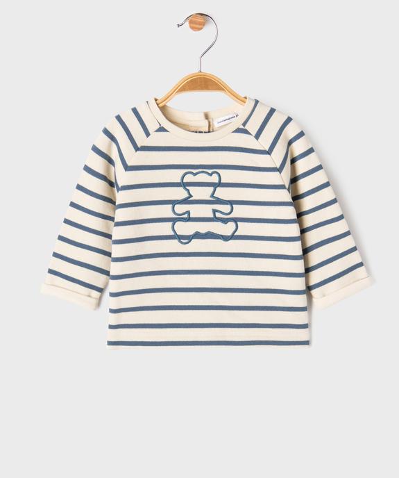 Sweat à rayures et motif ourson fermeture dos bébé garçon - LuluCastagnette vue1 - LULU CASTAGNETTE GEMO FOR GOOD - GEMO