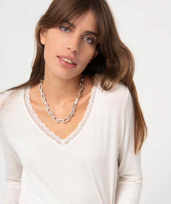 Tee-shirt femme à manches longues et col V en dentelle vue2 - GEMO 4G FEMME - GEMO