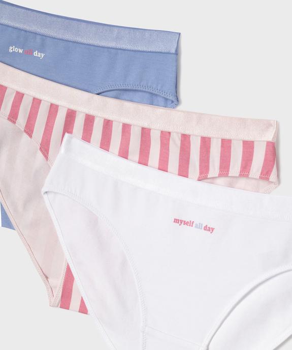 Culottes en coton biologique avec inscriptions et rayures fille (lot de 3) vue2 - GEMO 4G FILLE - GEMO