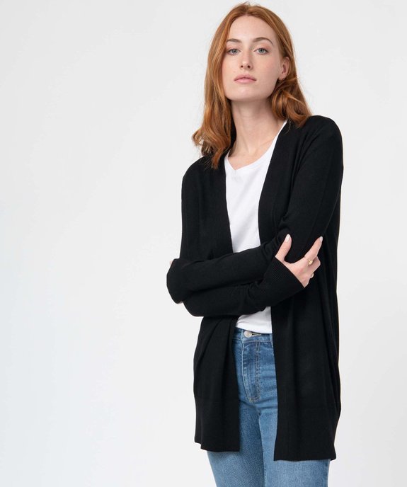 Gilet femme long en maille fine porté ouvert vue1 - GEMO 4G FEMME - GEMO