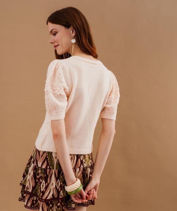 Gilet manches courtes en maille ajourée et dentelle femme vue3 - GEMO(FEMME PAP) - GEMO