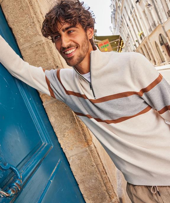 Pull tricolore à col montant zippé homme vue1 - GEMO 4G HOMME - GEMO