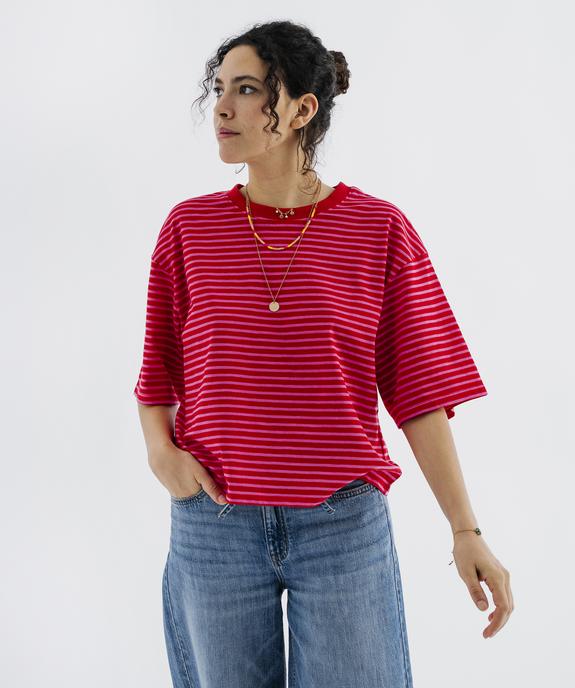 Tee-shirt manches courtes coupe large en jersey de coton rayé femme vue1 - GEMO 4G FEMME - GEMO