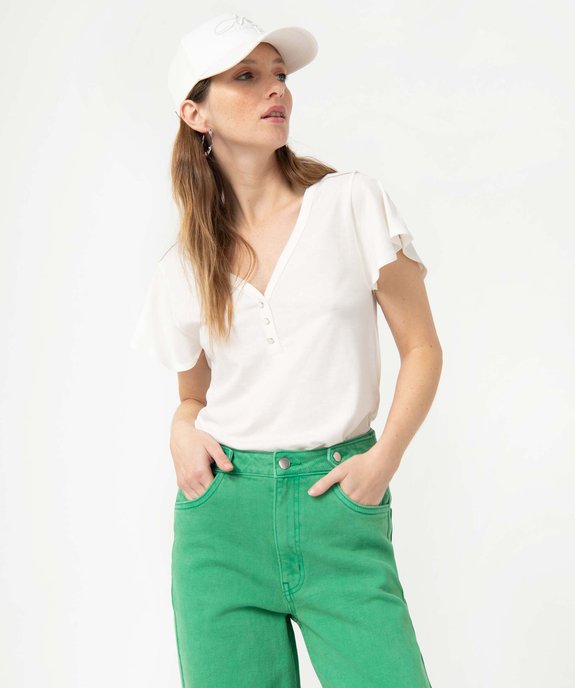 Tee-shirt femme à col V et manches volantées vue1 - GEMO 4G FEMME - GEMO