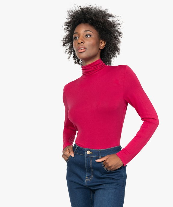 Tee-shirt femme uni avec col roulé et manches longues vue1 - GEMO 4G FEMME - GEMO