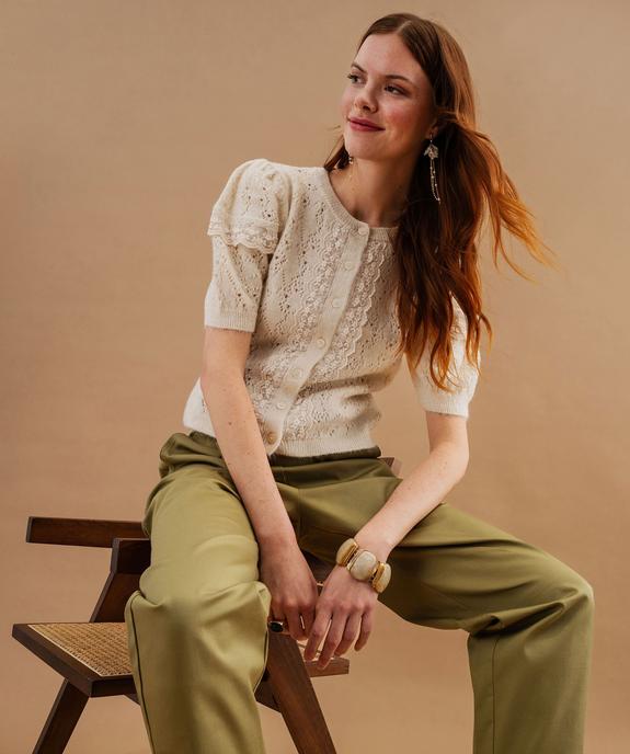 Gilet manches courtes en maille ajourée et dentelle femme vue1 - GEMO(FEMME PAP) - GEMO