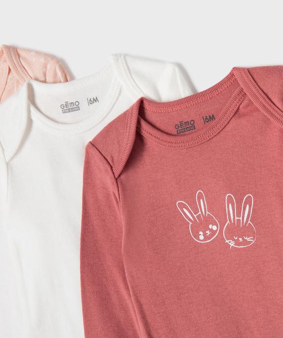 Bodies manches longues motifs lapins bébé fille (lot de 3) vue4 - GEMO 4G BEBE - GEMO