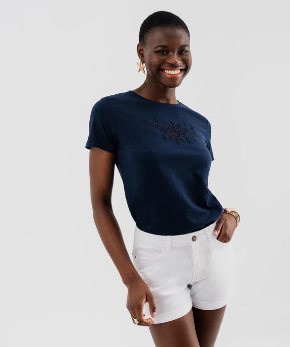 Tee-shirt manches courtes avec broderie sur le buste femme vue1 - GEMO(FEMME PAP) - GEMO