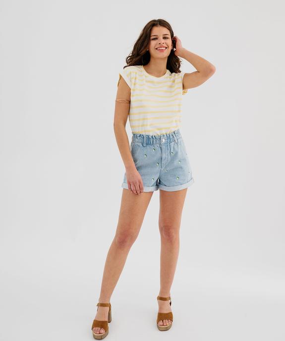 Short en jean délavé coupe ample et taille paper bag à motifs brodés femme vue4 - GEMO(FEMME PAP) - GEMO
