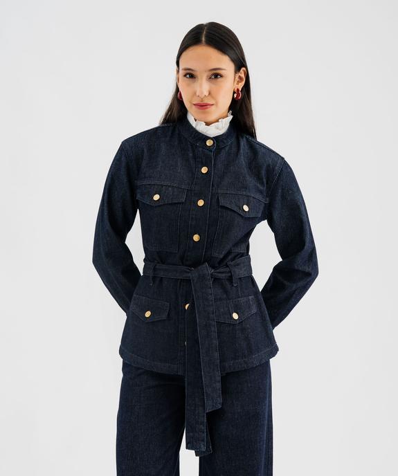 Veste longue en toile denim avec ceinture femme vue1 - GEMO 4G FEMME - GEMO