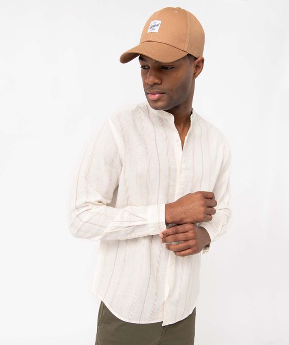 Chemise homme en lin mélangé rayé à manches longues et col mao  vue1 - GEMO 4G HOMME - GEMO