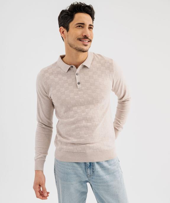 Pull à col polo et motif carreaux en relief homme vue2 - KENSINGTON - GEMO