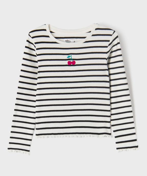 Tee-shirt manches longues à rayures et finition roulottée fille vue1 - GEMO 4G FILLE - GEMO