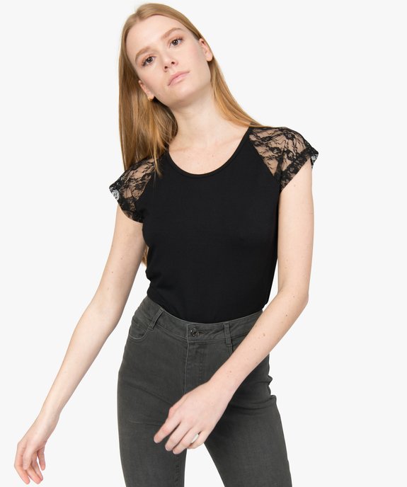 Tee-shirt femme à manches en tulle et dentelle vue1 - GEMO (MAILLE) - GEMO