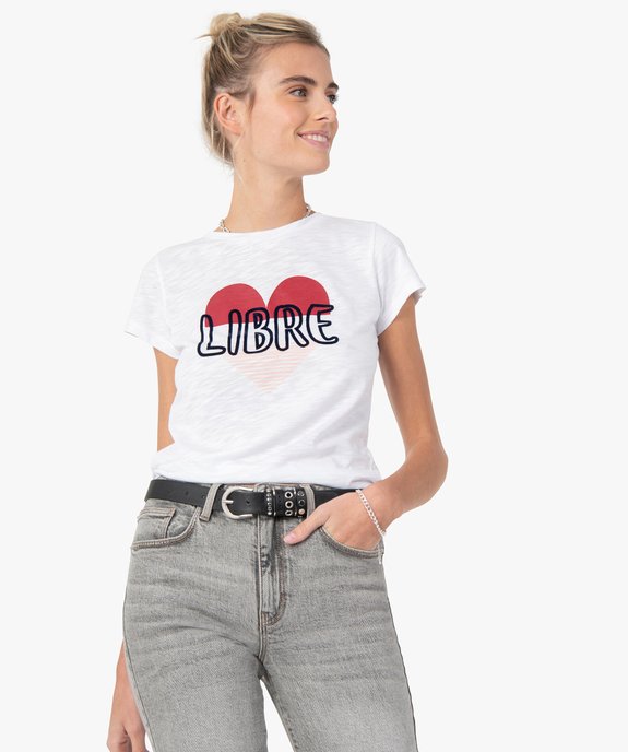 Tee-shirt femme à manches courtes avec motif cœur  vue1 - GEMO(FEMME PAP) - GEMO