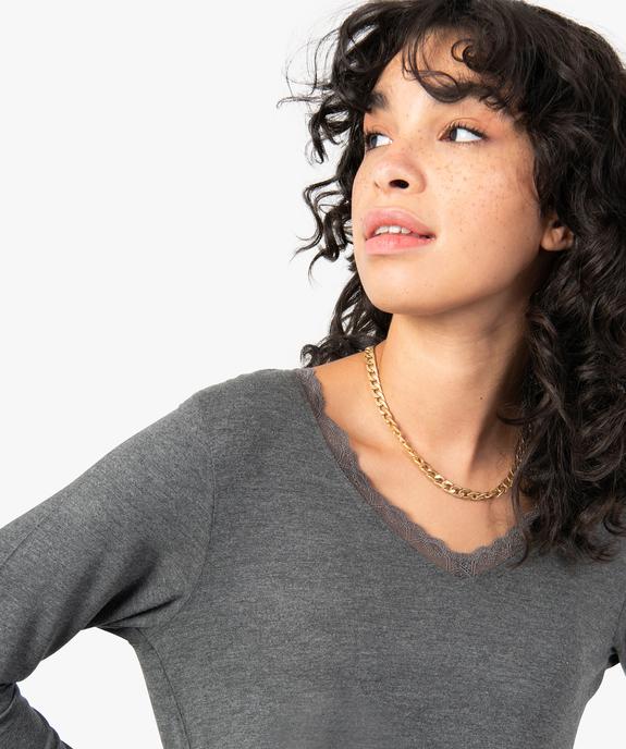 Tee-shirt femme à manches longues et col V en dentelle vue1 - GEMO 4G FEMME - GEMO