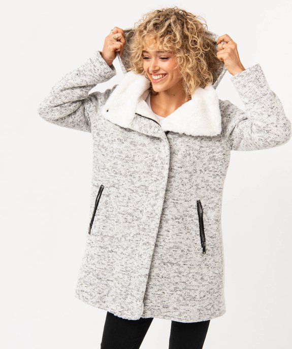 Manteau en maille avec col fourrure imitation femme  vue1 - GEMO(FEMME PAP) - GEMO