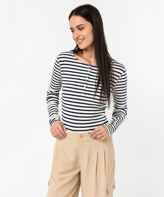 Tee-shirt manches longues col tunisien à rayures femme vue1 - GEMO 4G FEMME - GEMO