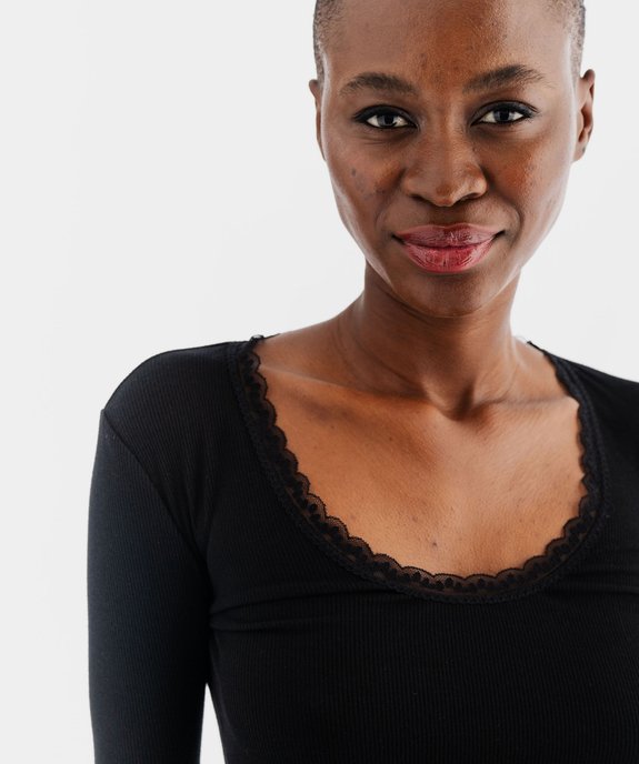 Tee-shirt manches longues avec col rond en dentelle femme vue2 - GEMO(HOMWR FEM) - GEMO