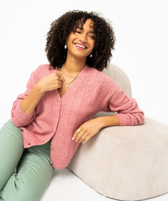 Gilet coupe droite en maille douillette ajourée femme vue1 - GEMO 4G FEMME - GEMO