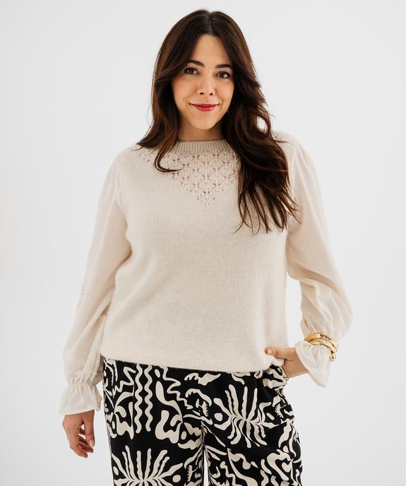Pull avec manches en coton brodées femme grande taille vue1 - GEMO (G TAILLE) - GEMO