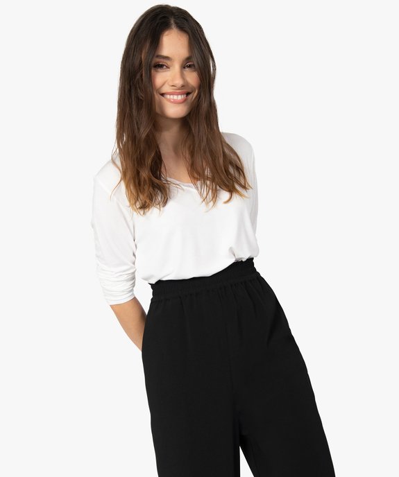 Tee-shirt femme à manches longues et col V en dentelle vue2 - GEMO 4G FEMME - GEMO
