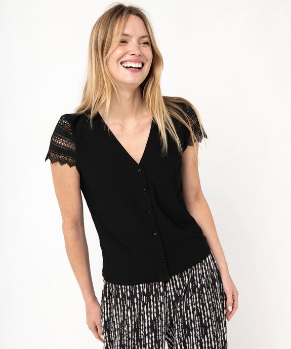 Tee-shirt boutonné à manches courtes en dentelle femme vue1 - GEMO(FEMME PAP) - GEMO