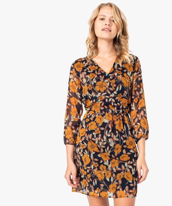 Robe fleurie à manches longues avec devant croisé vue1 - GEMO(FEMME PAP) - GEMO