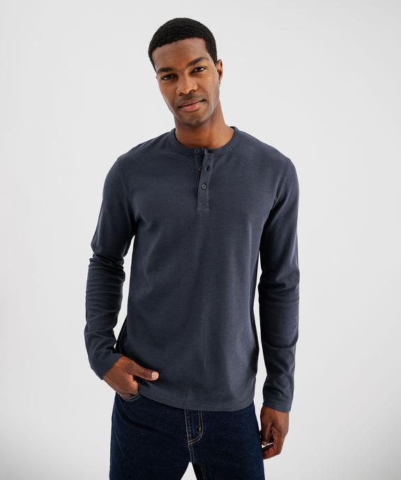 Tee-shirt manches longues en coton piqué avec col tunisien homme vue2 - GEMO 4G HOMME - GEMO