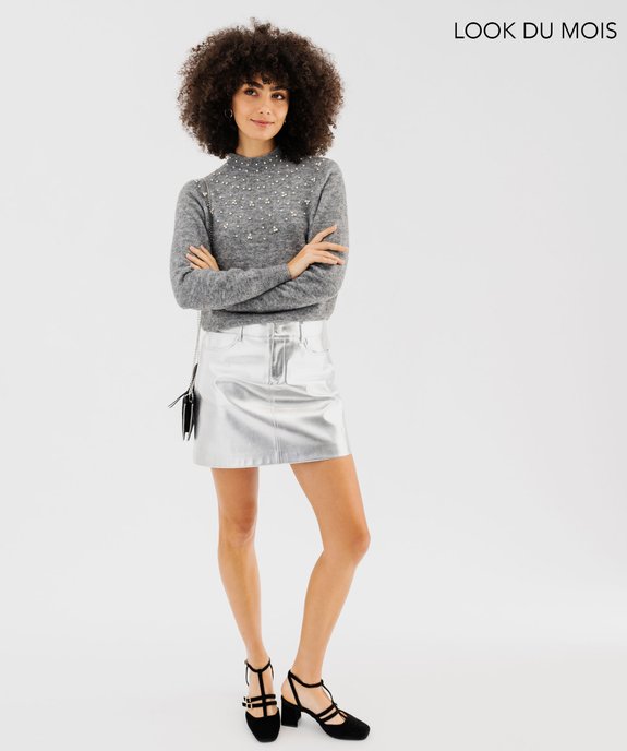 Ensemble pull en laine à strass et jupe courte scintillante argent pour femme - GEMO