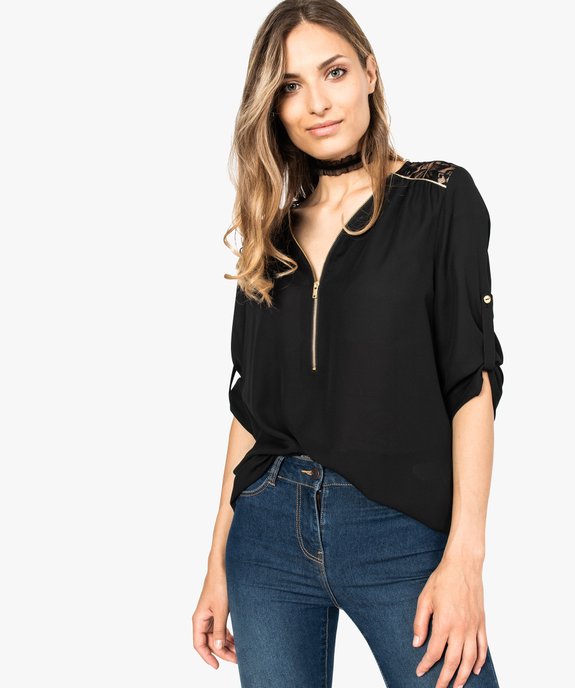 Blouse fluide décolleté zippé, manches 3/4 et dentelle vue1 - GEMO(FEMME PAP) - GEMO