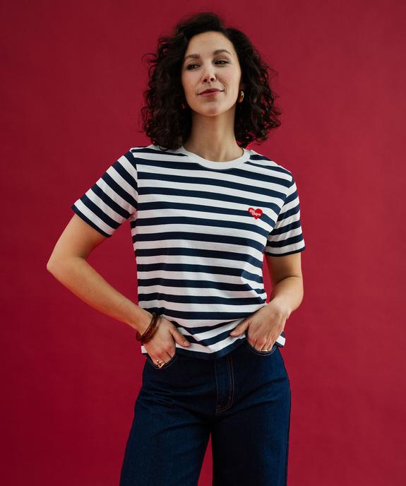 Tee-shirt manches courtes à rayures avec coeur brodé femme vue1 - GEMO(FEMME PAP) - GEMO